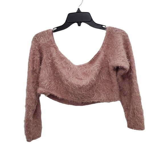 Boohoo Women's Rose Pink Off Shoulder Cropped Fuzzy Faux Fur Sweater Sz US 12 - Picture 5 of 5